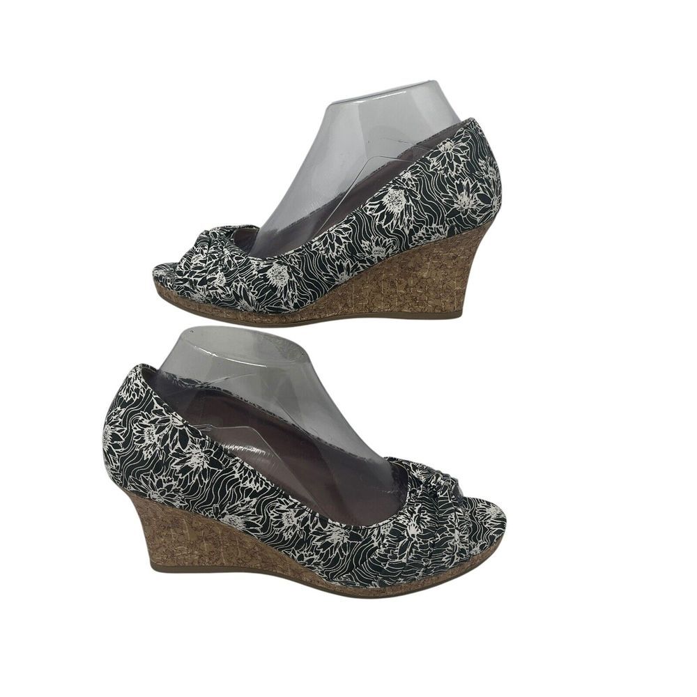 DexFlex Comfort Shoes 8W Espadrille Black White‎ Floral Cork Wedge Heel Peep Toe